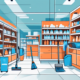 A retail store interior with various cleaning tools like mop