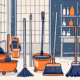 A variety of cleaning tools like brooms